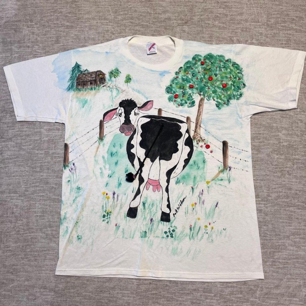 Vintage Jerzees T-Shirt XL Hand Painted Cow Farm Scene USA Made Funny Art Tee‎